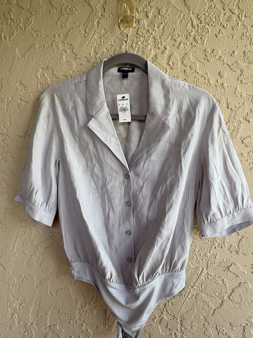 New Express Gray Small Woman’s Bodysuit Blouse Collared Thong Snaps Retail $52